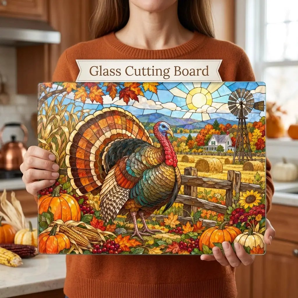 Thanksgiving Turkey Glass Cutting Board, Farmhouse Fall Kitchen Decor, Country Harvest Turkey Cutting Board, Autumn Kitchen Gift