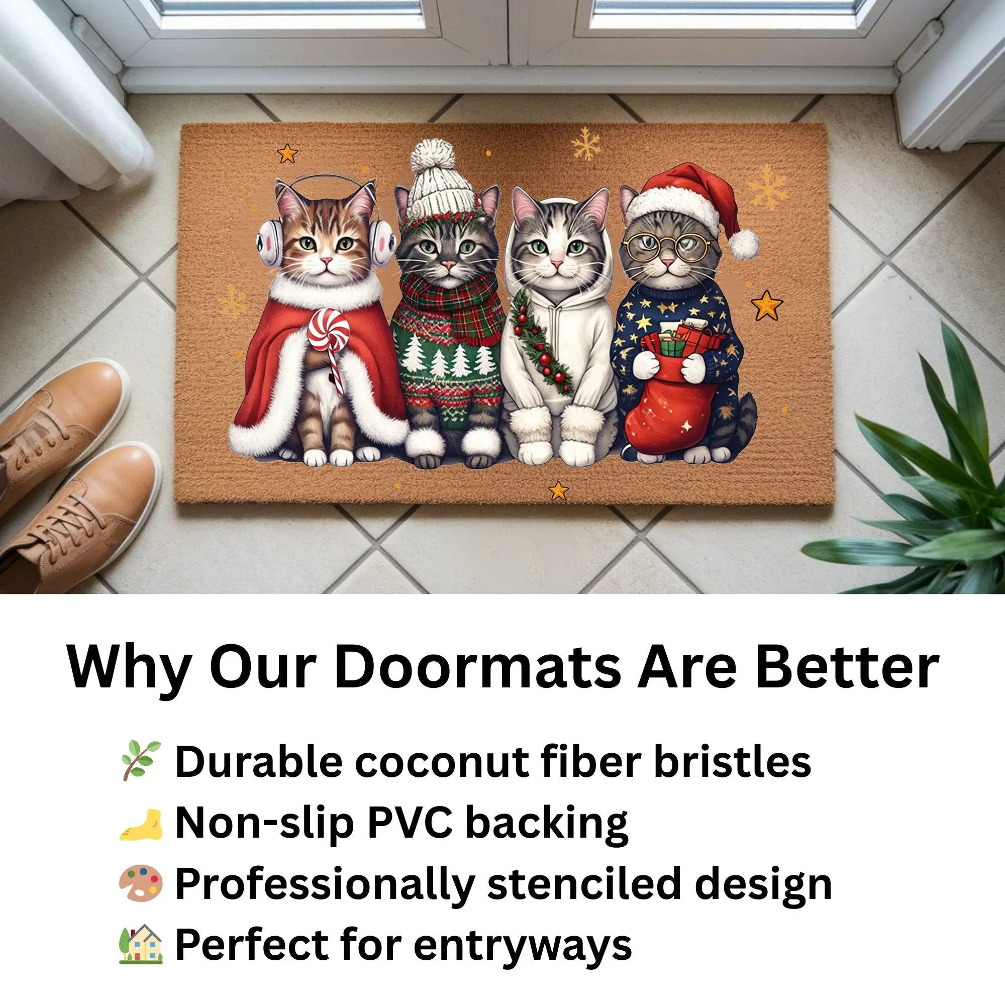 Christmas Cat Doormat, Funny Xmas Cats Coir Doormat, Cute Holiday Welcome Mat, Cat Lover Christmas Gift, Festive Front Porch Decor