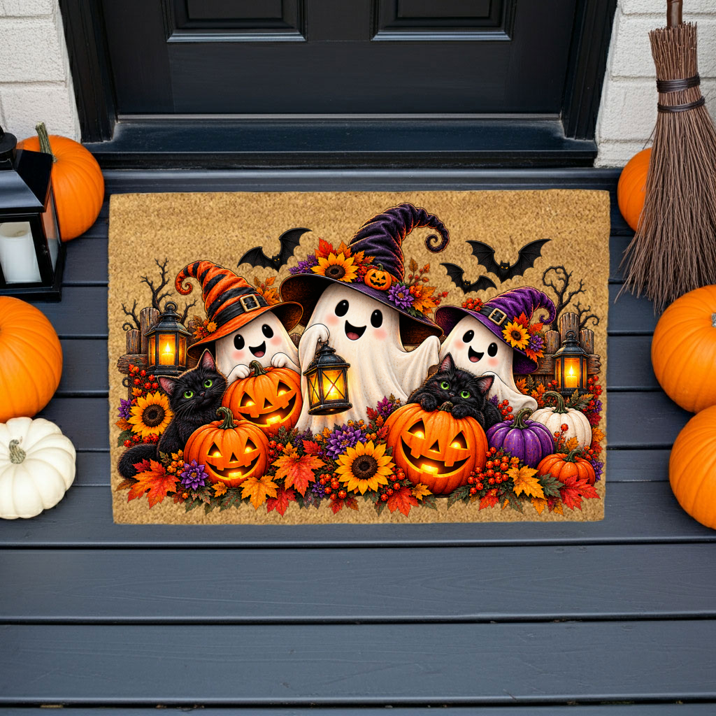 Halloween Ghost Doormat, Black Cat & Pumpkin Coir Mat, Cute Spooky Welcome Mat, Witch Ghost Fall Porch Decor, Halloween Door Mat