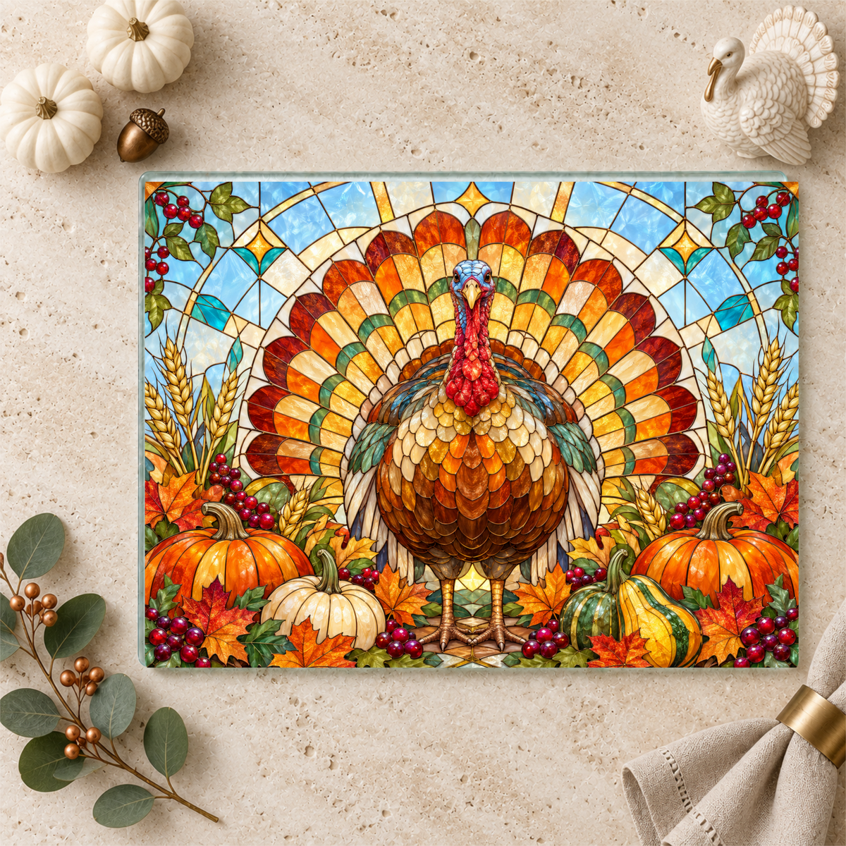 Thanksgiving Turkey Glass Cutting Board, Stained Glass Turkey Kitchen Decor, Fall Harvest Chopping Board, Thanksgiving Gift