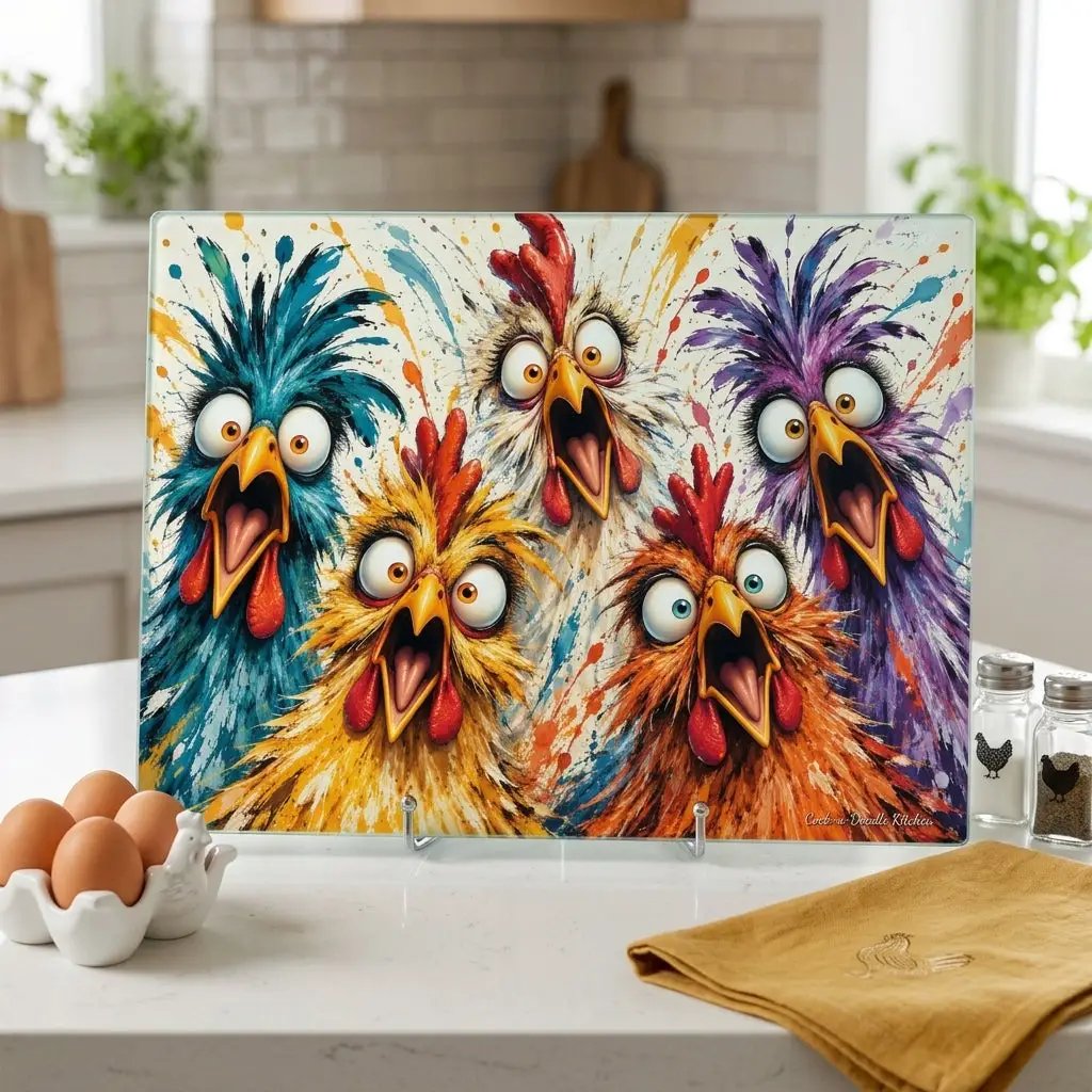 Screaming Chicken Flock Cutting Board, Funny Chicken Kitchen Decor, Colorful Hen Lover Gift, Farmhouse Chicken Gift