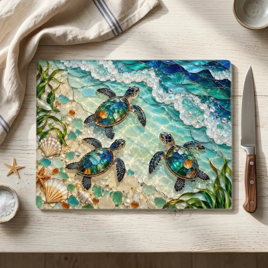 Sea Turtle Hatchlings Cutting Board, Coastal Kitchen Decor, Ocean Beach House Gift, Tempered Glass Chopping Board, Marine Life Kitchen Accent