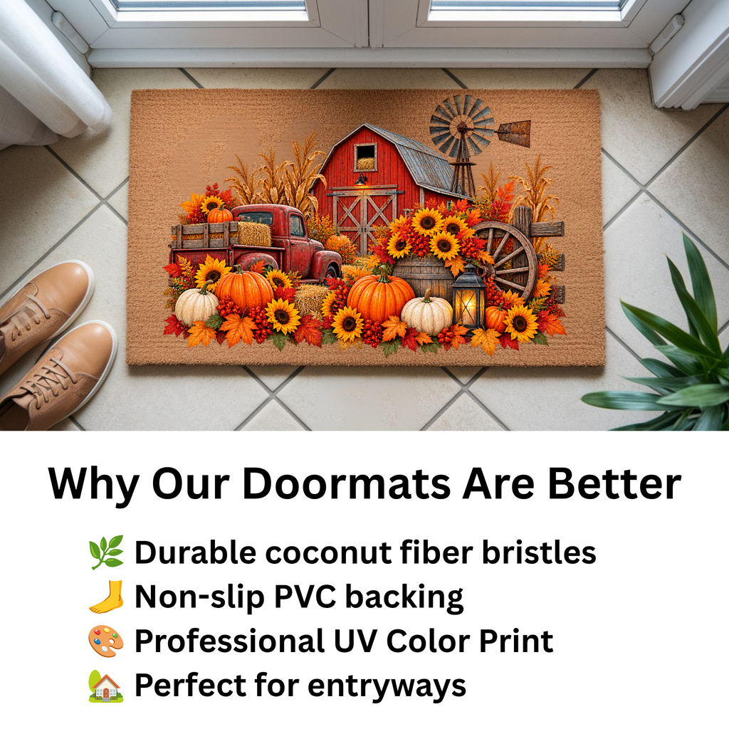 Fall Farmhouse Doormat, Country Barn Coir Mat, Pumpkin Harvest Welcome Mat, Rustic Autumn Porch Decor, Farmhouse Fall Door Mat