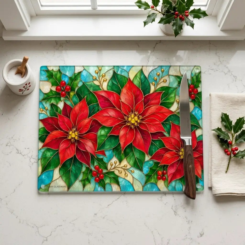 Christmas Poinsettia Glass Cutting Board, Holiday Holly Berry Kitchen Decor, Festive Red Floral Chopping Board, Seasonal Gift Idea