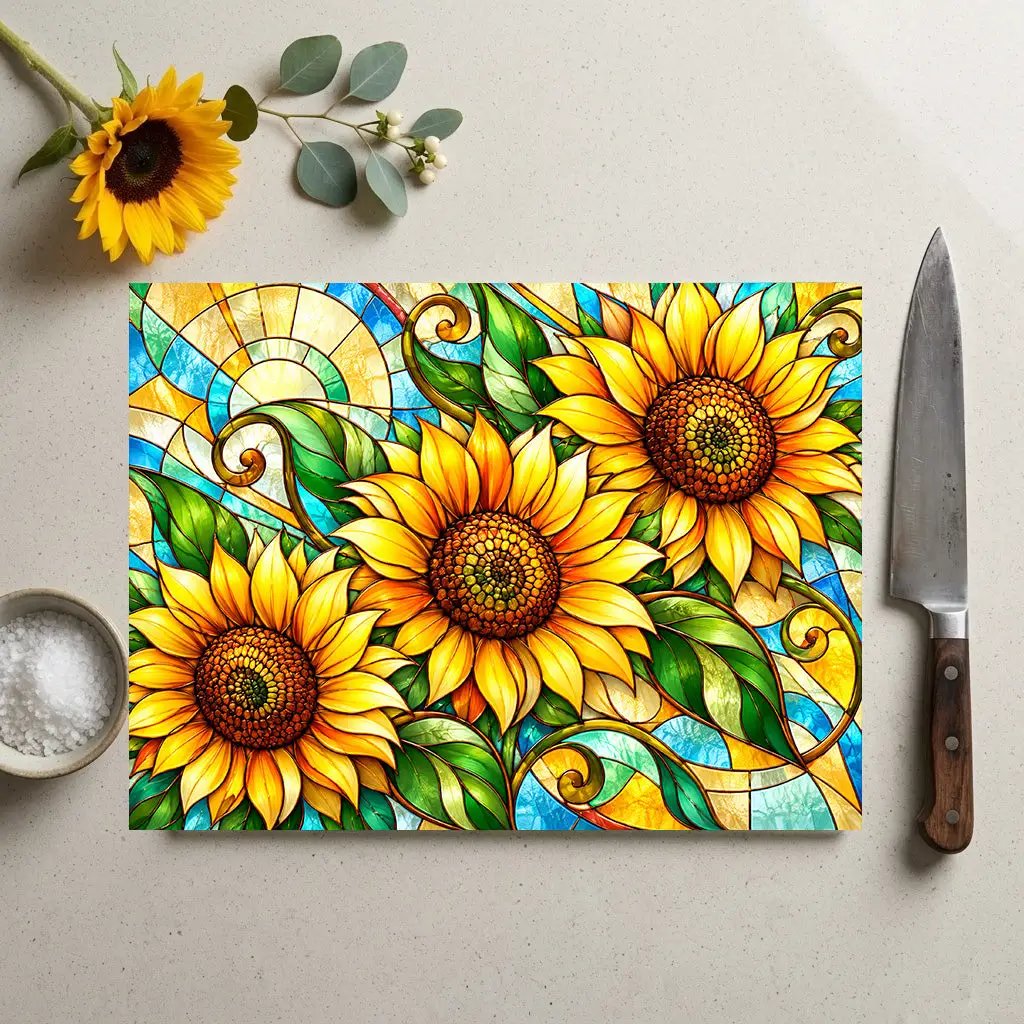 Sunflower Glass Cutting Board, Farmhouse Kitchen Decor, Country Sunflower Chopping Board, Stained Glass Floral Gift, Housewarming Gift