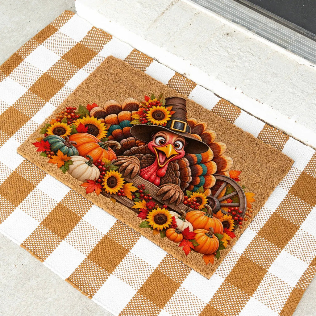 Thanksgiving Turkey Doormat, Funny Turkey Coir Mat, Fall Harvest Welcome Mat, Pumpkin & Sunflower Porch Decor, Thanksgiving Door Mat