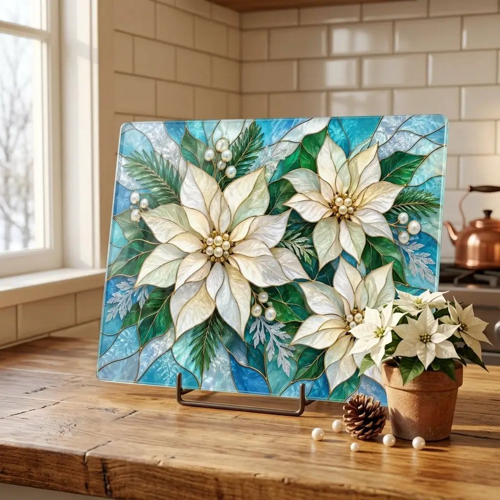 Winter Poinsettia Glass Cutting Board, Holiday Kitchen Decor, Floral Serving Board, Christmas Hostess Gift, Seasonal Home Accent Gift