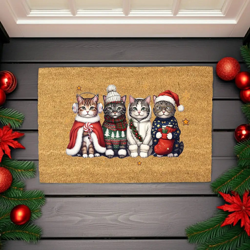 Christmas Cat Doormat, Funny Xmas Cats Coir Doormat, Cute Holiday Welcome Mat, Cat Lover Christmas Gift, Festive Front Porch Decor