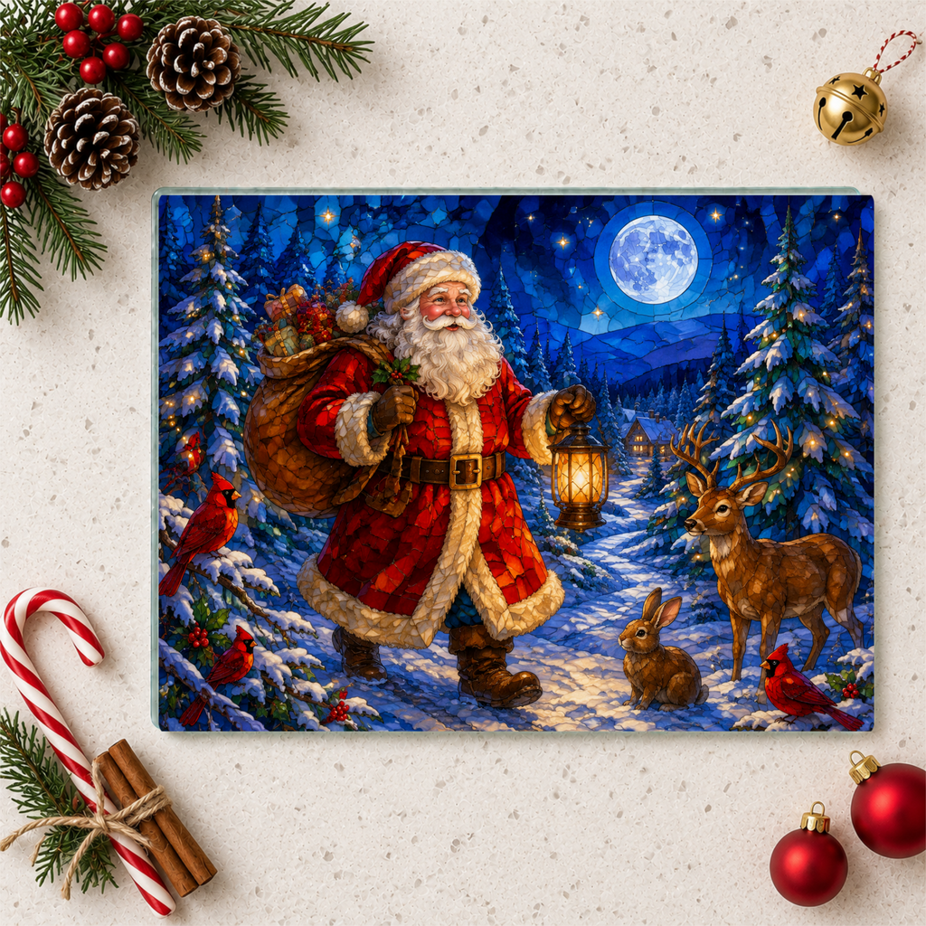 Santa Christmas Glass Cutting Board, Woodland Santa Kitchen Decor, Stained Glass Christmas Art, Cardinal Deer Holiday Gift