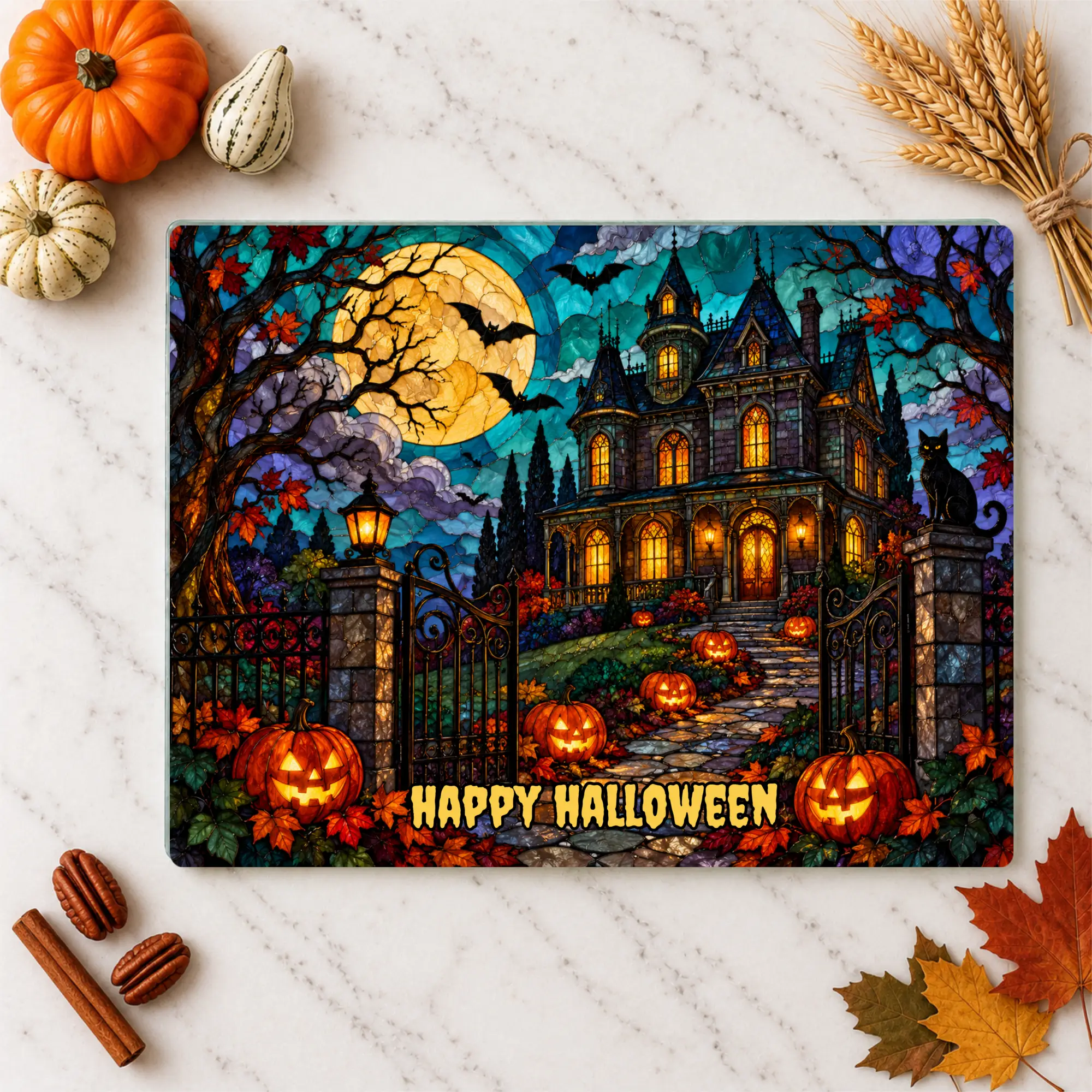 Halloween Haunted Mansion Personalized Glass Cutting Board, Spooky Pumpkin Kitchen Decor