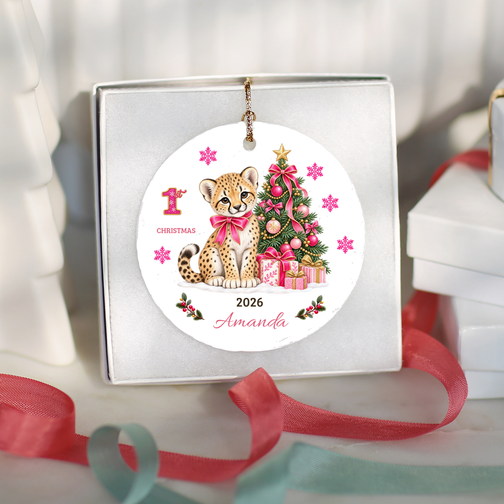 Personalized Baby Girl Cheetah Christmas Ornament, Baby's First Christmas, 1st–10th Year Keepsake, Custom Name and Year, Pink or Blue