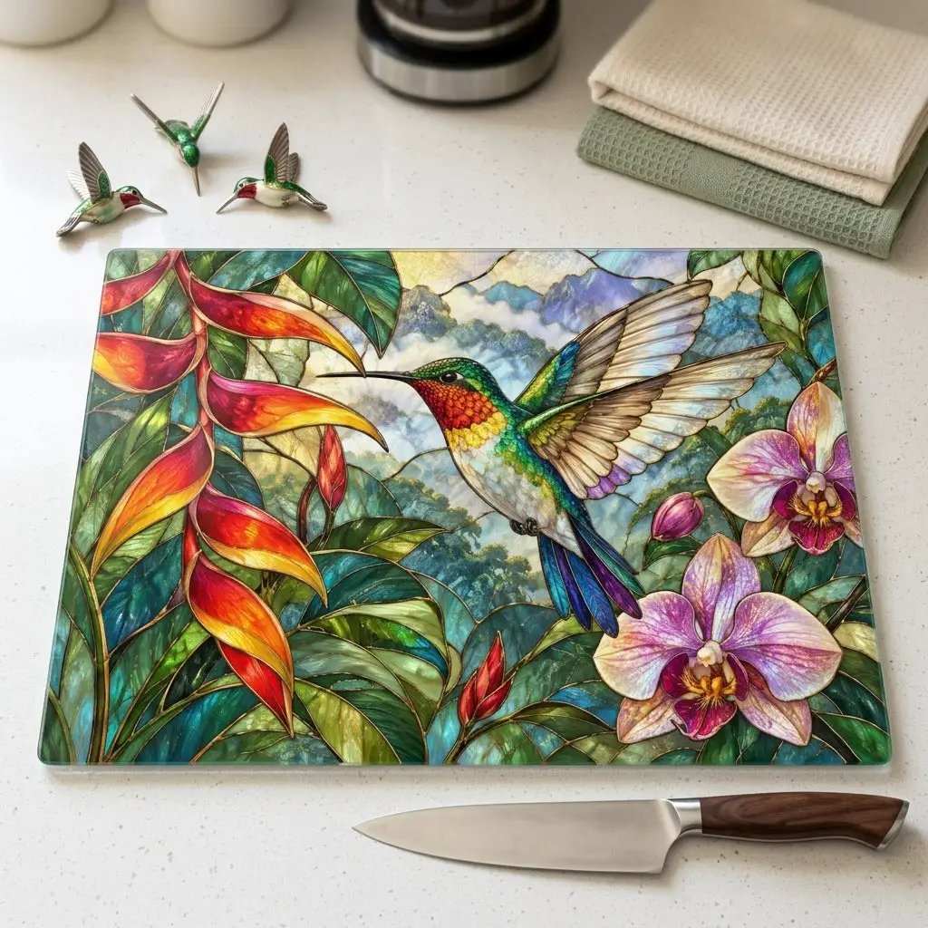 Hummingbird Cutting Board, Stained Glass Bird Decor, Tropical Orchid Kitchen Decor, Floral Hummingbird Gift, Nature Lover Gift