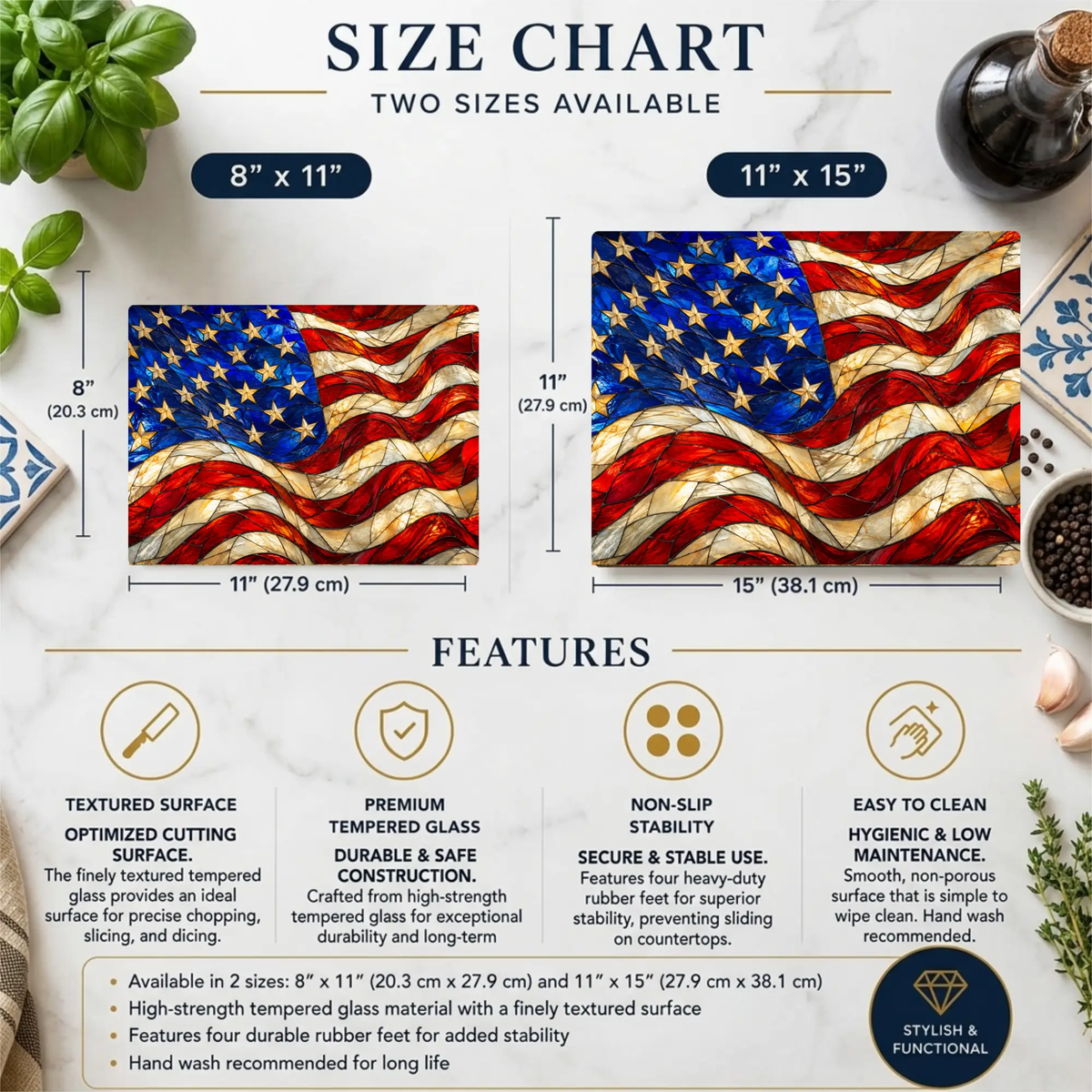 American Patriotic Flag Glass Cutting Board, Stained Glass Style USA Flag, Americana Kitchen Decor, Patriotic Gift