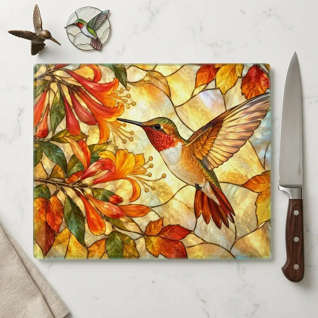 Hummingbird Cutting Board, Stained Glass Hummingbird Decor, Autumn Floral Kitchen Decor, Bird Lover Gift, Fall Hostess Gift