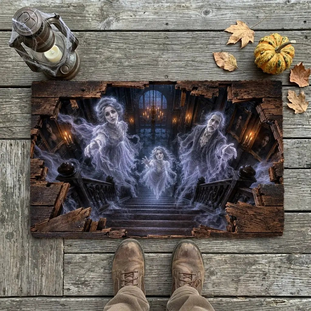 Victorian Ghost 3D Optical Illusion Doormat, Haunted Staircase Floor Mat, Gothic Haunted House Door Mat, Halloween Decor