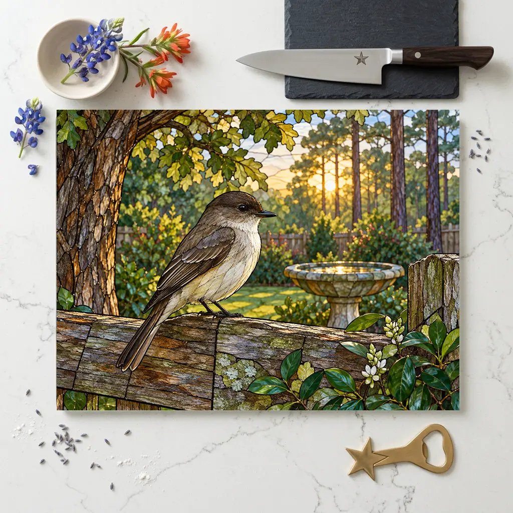 Eastern Phoebe Glass Cutting Board, Backyard Bird Kitchen Decor, Birdwatcher Gift, Bird Lover Gift, Nature Inspired Serving Board