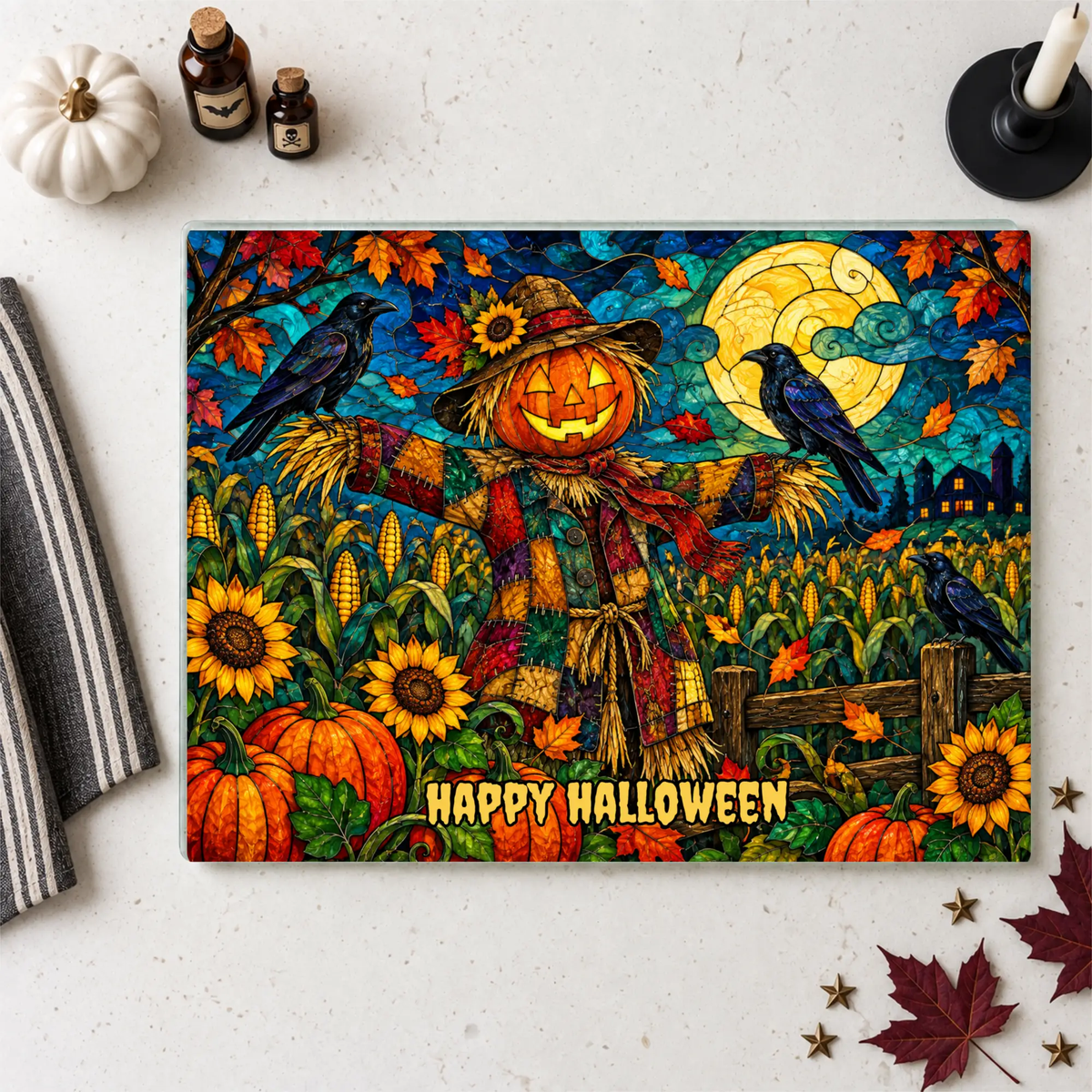 Halloween Scarecrow Personalized Glass Cutting Board, Spooky Pumpkin Kitchen Decor