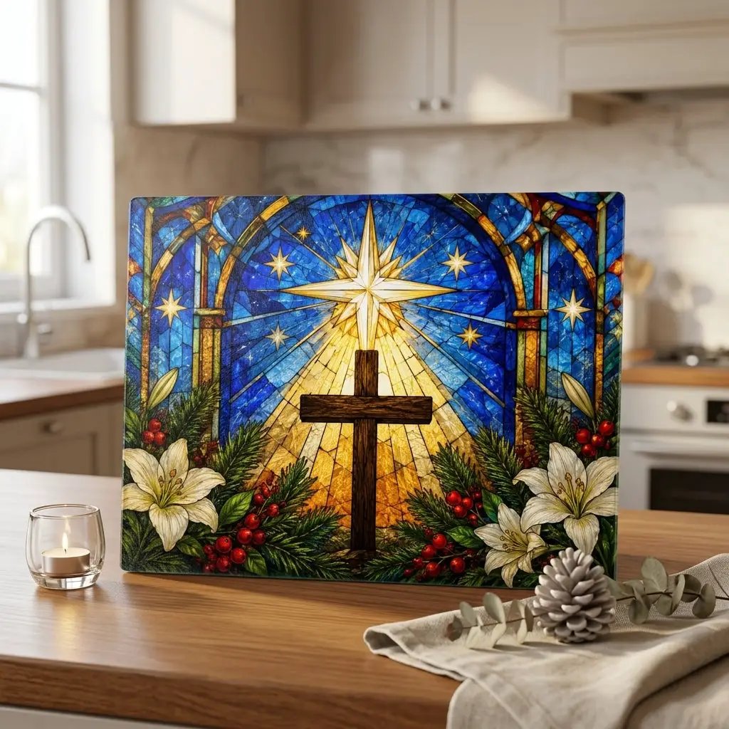Christian Cross Glass Cutting Board, Stained Glass Christmas Decor, Religious Kitchen Gift, Star of Bethlehem Christian Gift