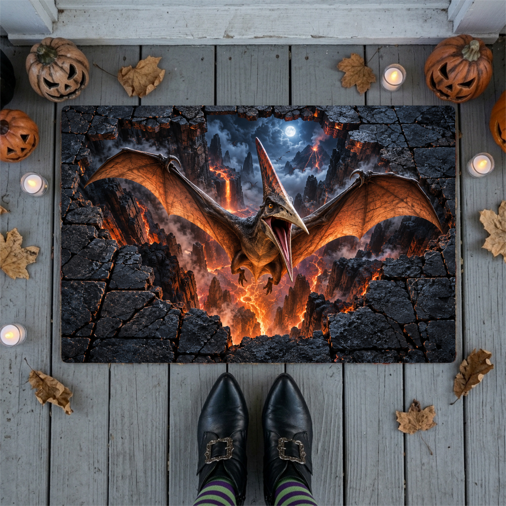 Pterodactyl 3D Optical Illusion Doormat, Volcanic Chasm Dinosaur Floor Mat, Prehistoric Flying Reptile Door Mat, Dino Gift