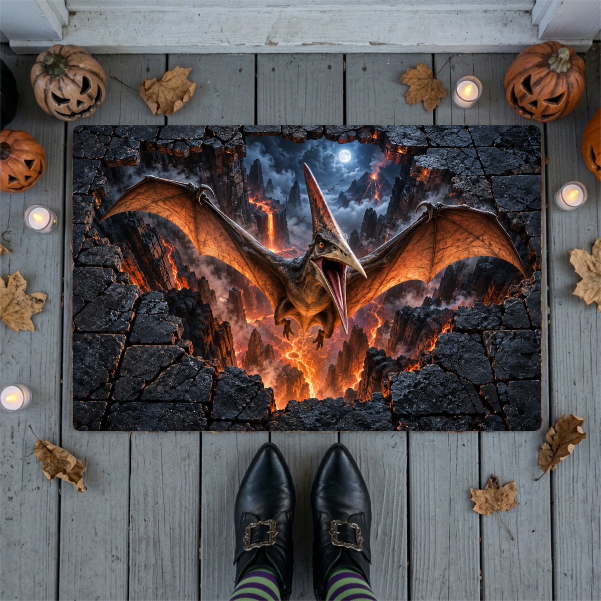 Pterodactyl 3D Optical Illusion Doormat, Volcanic Chasm Dinosaur Floor Mat, Prehistoric Flying Reptile Door Mat, Dino Gift
