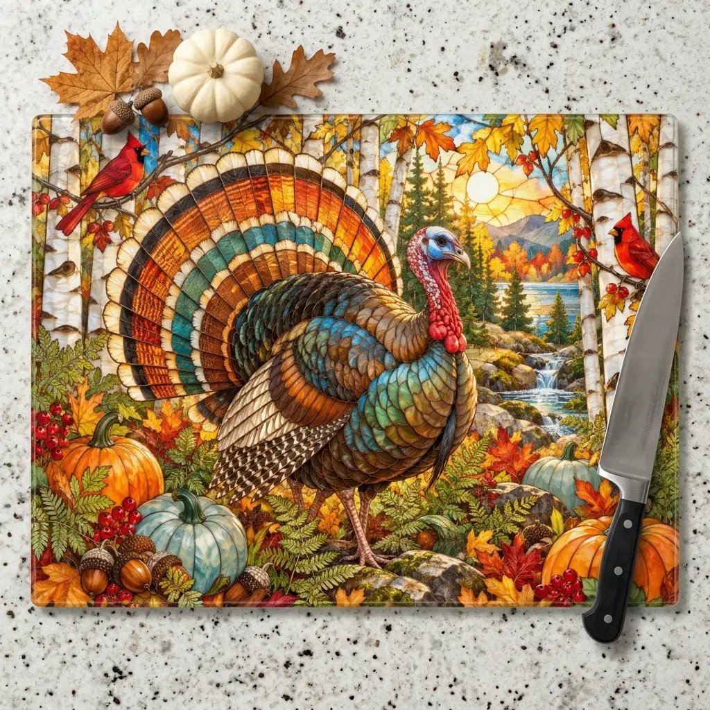 Thanksgiving Turkey Glass Cutting Board, Woodland Turkey Kitchen Decor, Fall Cardinal Birch Forest Cutting Board, Autumn Gift
