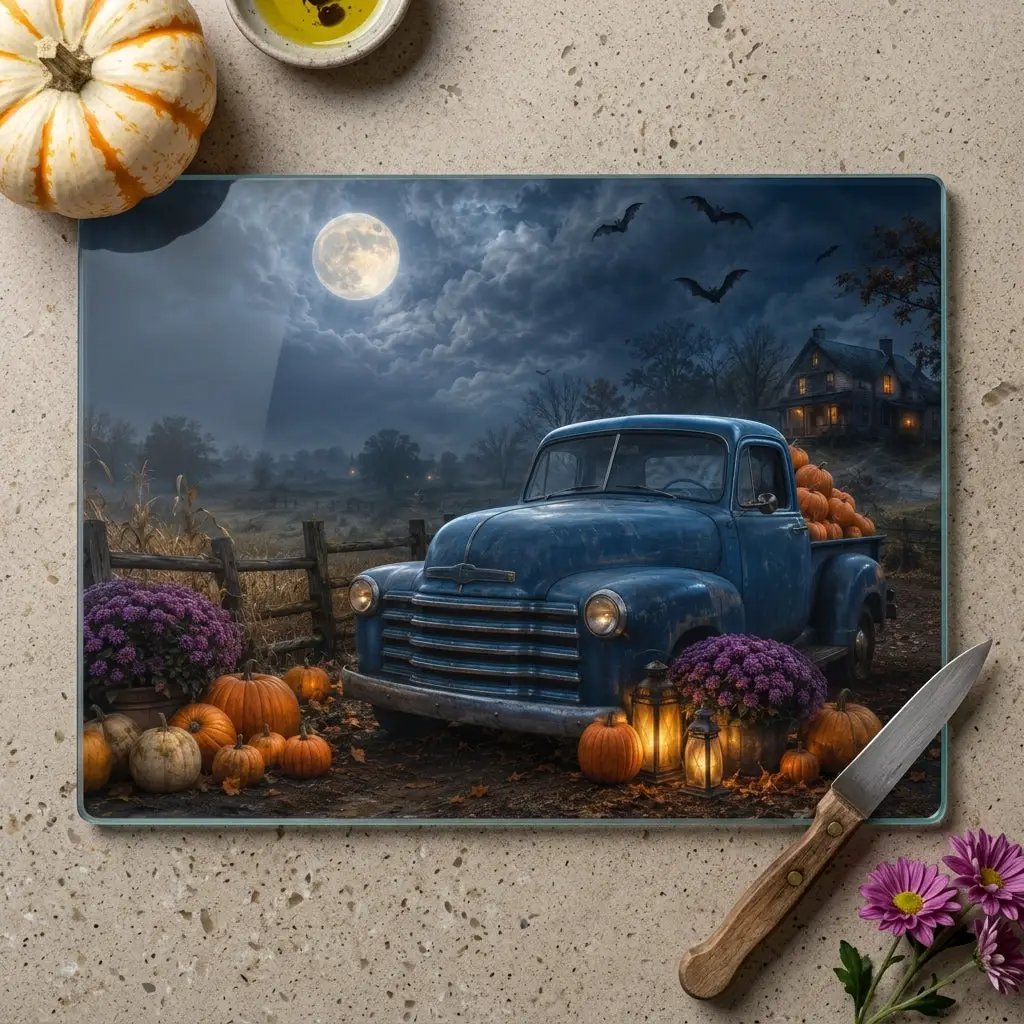 Vintage Blue Truck Halloween Cutting Board, Pumpkin Glass Cutting Board, Haunted House Kitchen Decor, Spooky Farmhouse Halloween Decorumn Kitchen Gift