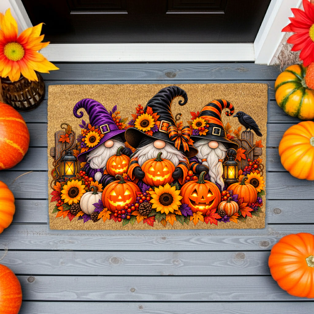Halloween Gnome Doormat, Witch Gnomes & Pumpkins Coir Mat, Cute Spooky Fall Welcome Mat, Halloween Porch Decor, Autumn Door Mat