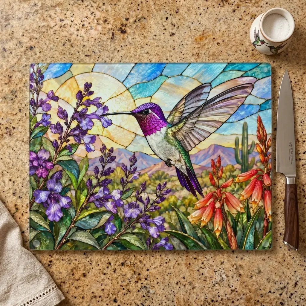 Hummingbird Cutting Board, Stained Glass Hummingbird Decor, Desert Wildflower Kitchen Decor, Bird Lover Gift, Southwest Decor