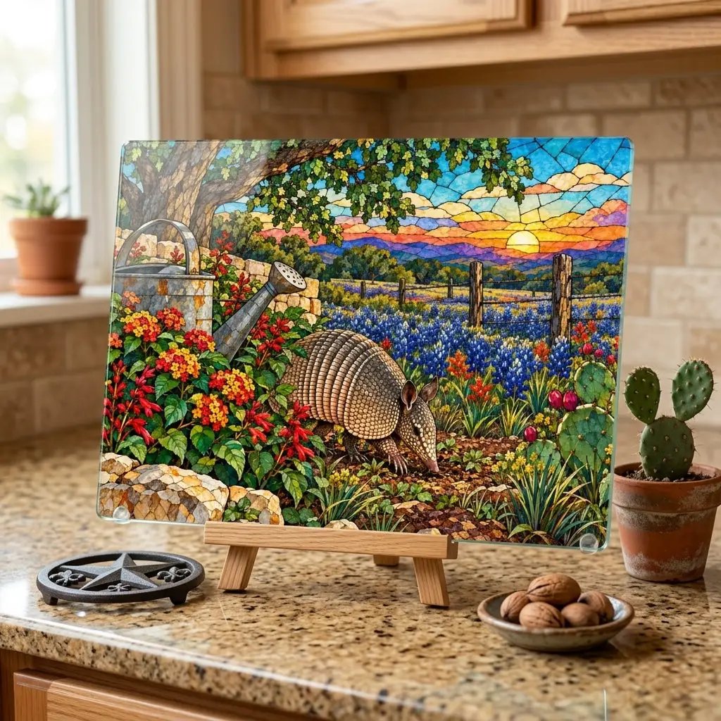 Texas Armadillo Glass Cutting Board, Bluebonnet Kitchen Decor, Stained Glass Style Texas Wildlife Gift, Country Garden Housewarming Gift