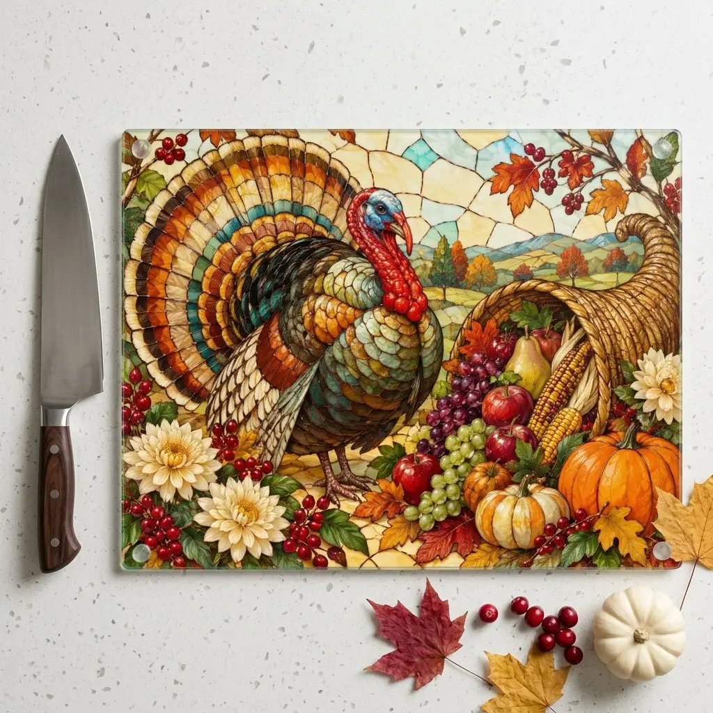 Thanksgiving Turkey Glass Cutting Board, Stained Glass Harvest Kitchen Decor, Fall Turkey Chopping Board, Country Thanksgiving Gift