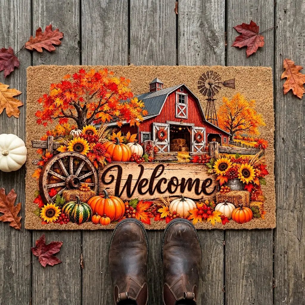 Fall Barn Welcome Doormat, Country Farmhouse Coir Mat, Autumn Pumpkin Door Mat, Harvest Porch Decor, Rustic Thanksgiving Welcome Mat