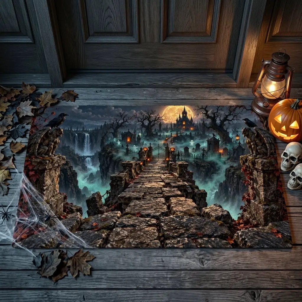 Haunted Graveyard 3D Doormat, Spooky Halloween Door Mat, Gothic Cemetery Welcome Mat, Haunted Castle Halloween Porch Decor