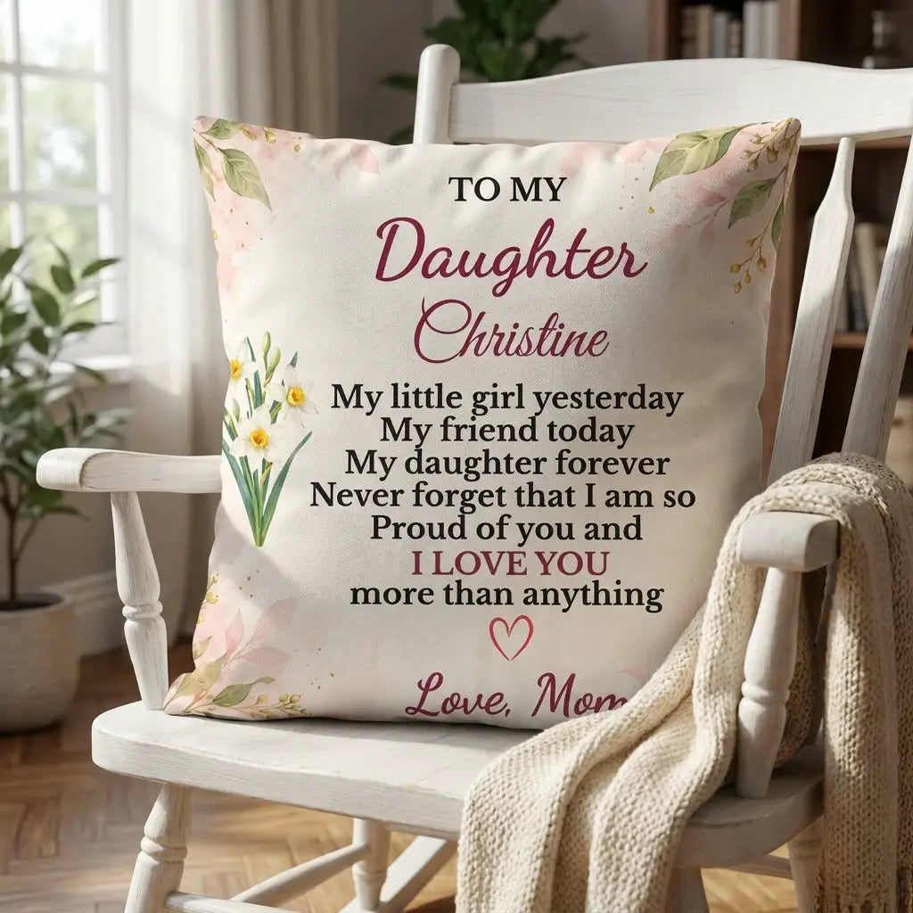 Daughter Personalized Birth Flower Pillow, Custom Name Gift from Mom, Sentimental Daughter Throw Pillow, Birthday Gift for Adult Daughter