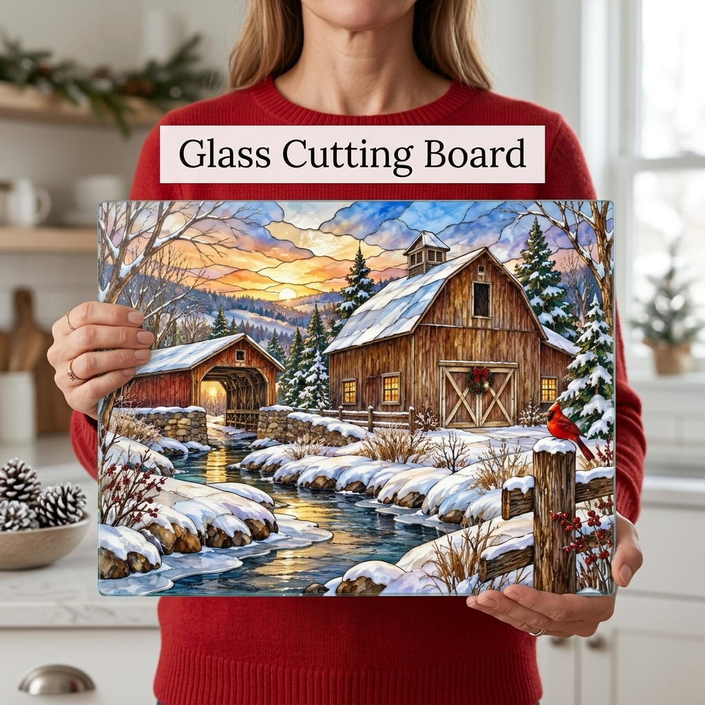 Cardinal Creek Winter Barn Glass Cutting Board, Red Cardinal Farmhouse Kitchen Decor, Country Christmas Gift