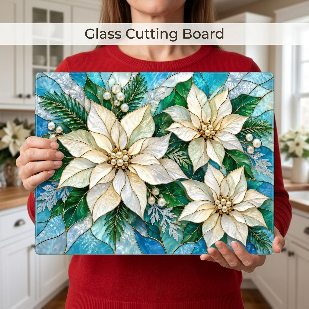 Winter Poinsettia Glass Cutting Board, Holiday Kitchen Decor, Floral Serving Board, Christmas Hostess Gift, Seasonal Home Accent Gift