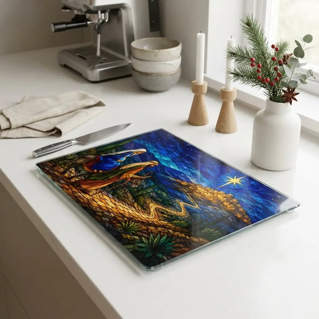 Road to Bethlehem Glass Cutting Board, Christian Christmas Gift, Mary and Joseph Nativity Decor, Religious Christmas Kitchen Decor