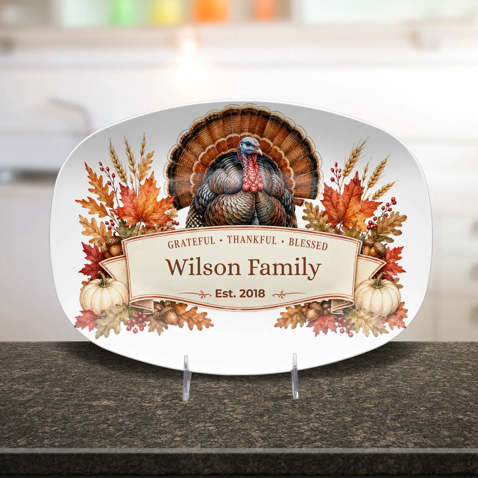 Personalized Thanksgiving Platter with Turkey, Custom Family Name Serving Platter, Grateful Thankful Blessed, Thanksgiving Hostess Gift