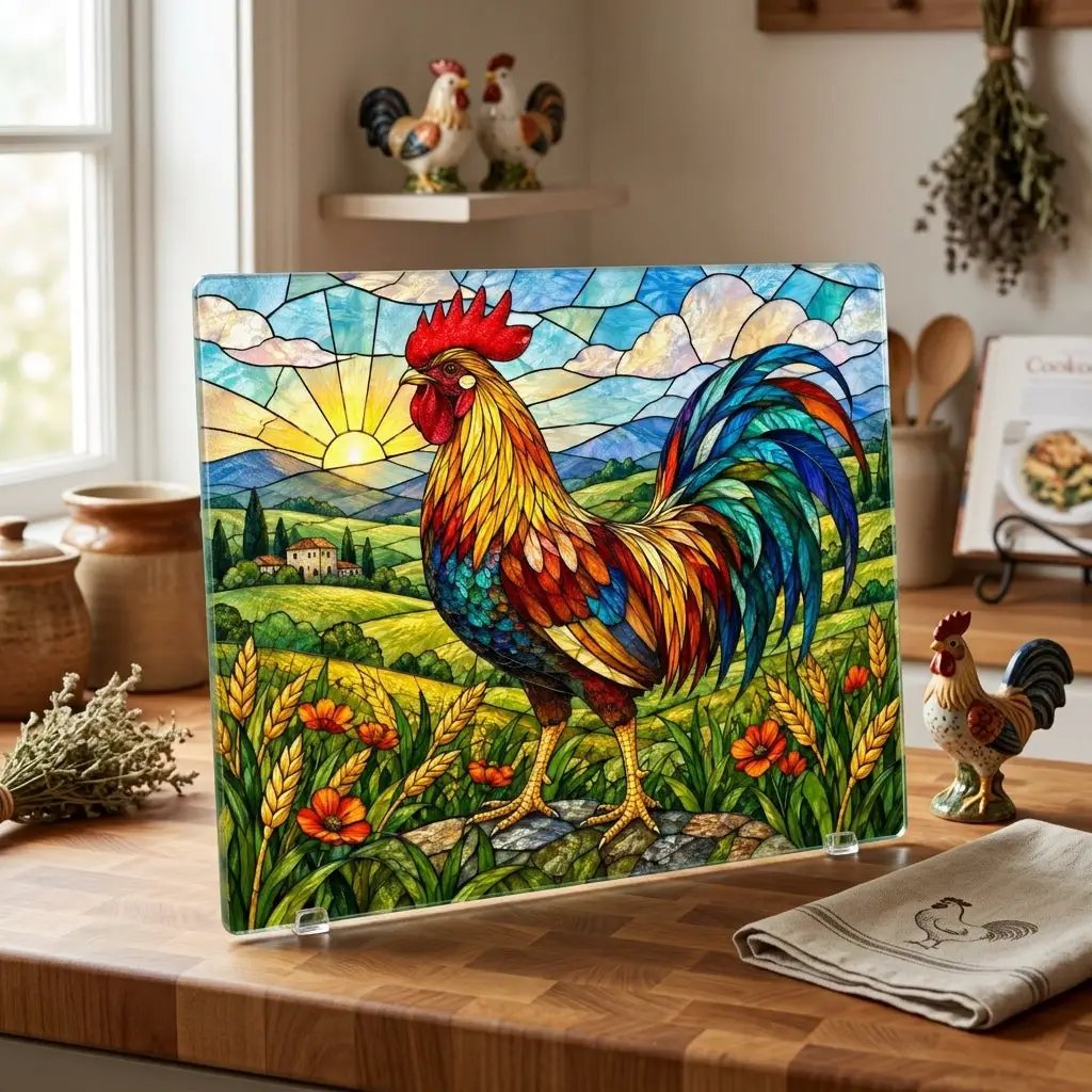 Rooster Glass Cutting Board, Colorful Farmhouse Kitchen Decor, Stained Glass Rooster Art, Country Kitchen Gift, Rustic Farm Decor
