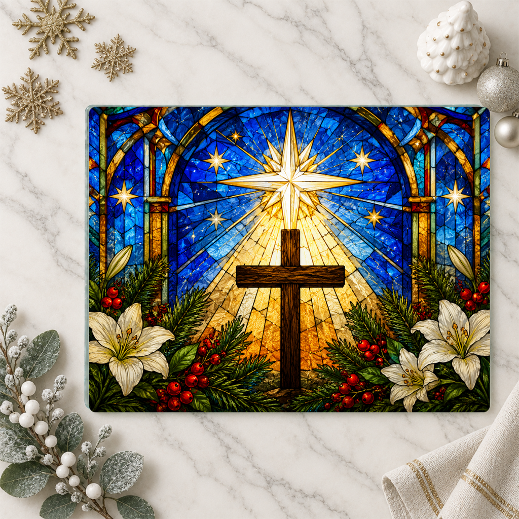 Christian Cross Glass Cutting Board, Stained Glass Christmas Decor, Religious Kitchen Gift, Star of Bethlehem Christian Gift