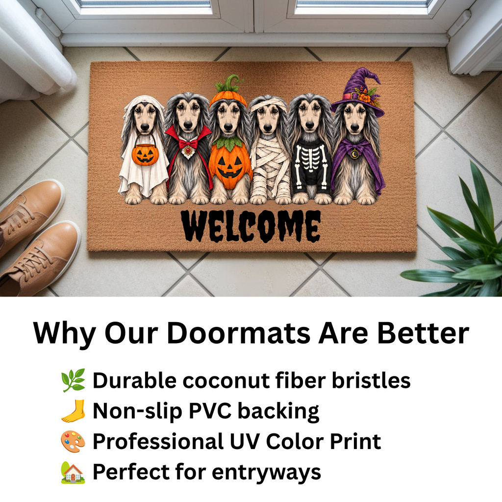 Dog Breed Personalized Halloween Costume Doormat, Custom Dog Welcome Mat, Halloween Coir Doormat, Family Name Dog Lover Gift