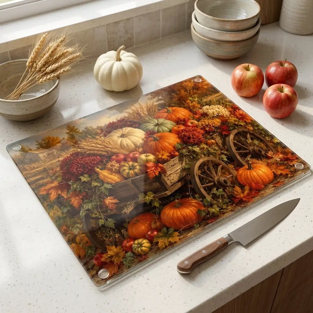 Fall Harvest Wagon Glass Cutting Board, Rustic Farmhouse Kitchen Decor, Pumpkin Cutting Board, Thanksgiving Gift