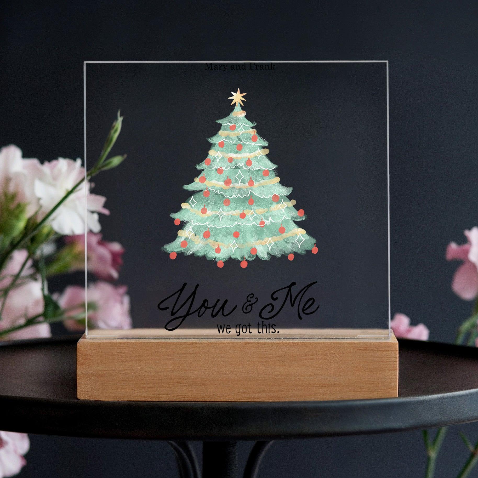 Personalized Christmas Tree Acrylic Plaque with Lighted LED Wooden Base - Mallard Moon Gift Shop