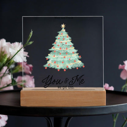 Personalized Christmas Tree Acrylic Plaque with Lighted LED Wooden Base - Mallard Moon Gift Shop