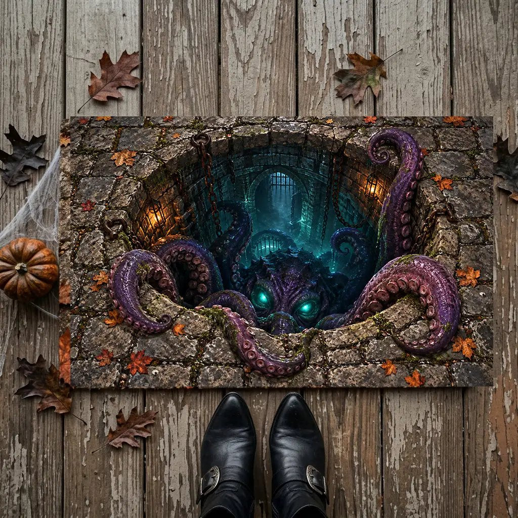 Tentacle Monster 3D Optical Illusion Doormat, Creepy Dungeon Floor Mat, Scary Octopus Monster Door Mat, Horror Halloween Decor