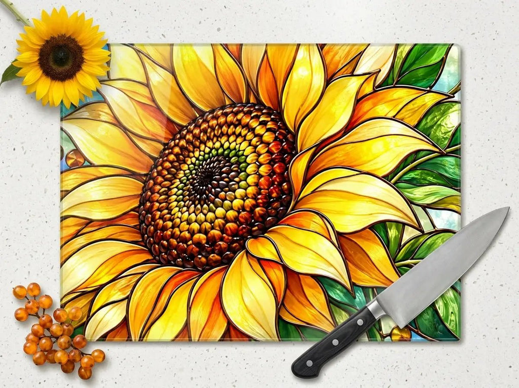 Sunflower Glass Cutting Board, Stained Glass Floral Kitchen Decor, Yellow Flower Chopping Board, Gift for Mom, Housewarming Gift
