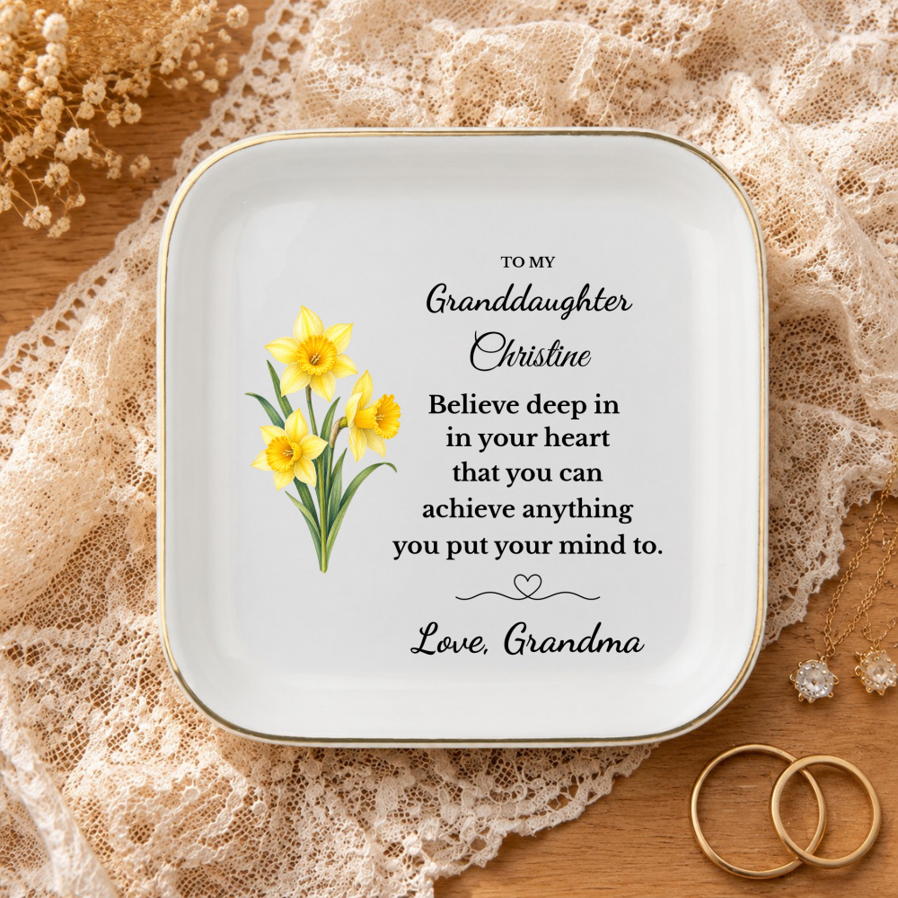 Personalized Daughter/ Granddaughter Jewelry Dish, Birth Flower Trinket Tray, Custom Name Inspirational Ceramic Ring Dish