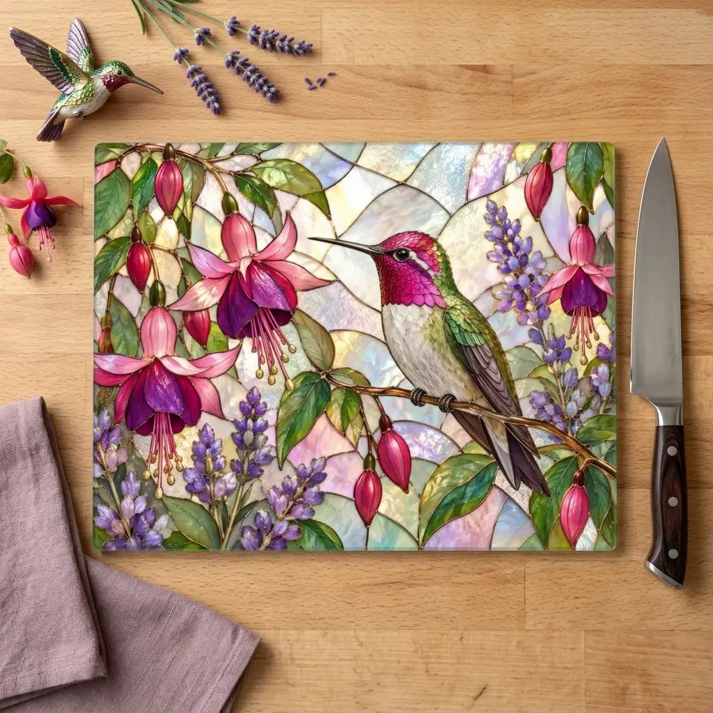 Hummingbird Cutting Board, Stained Glass Hummingbird Decor, Fuchsia Flower Kitchen Decor, Bird Lover Gift, Garden Lover Gift