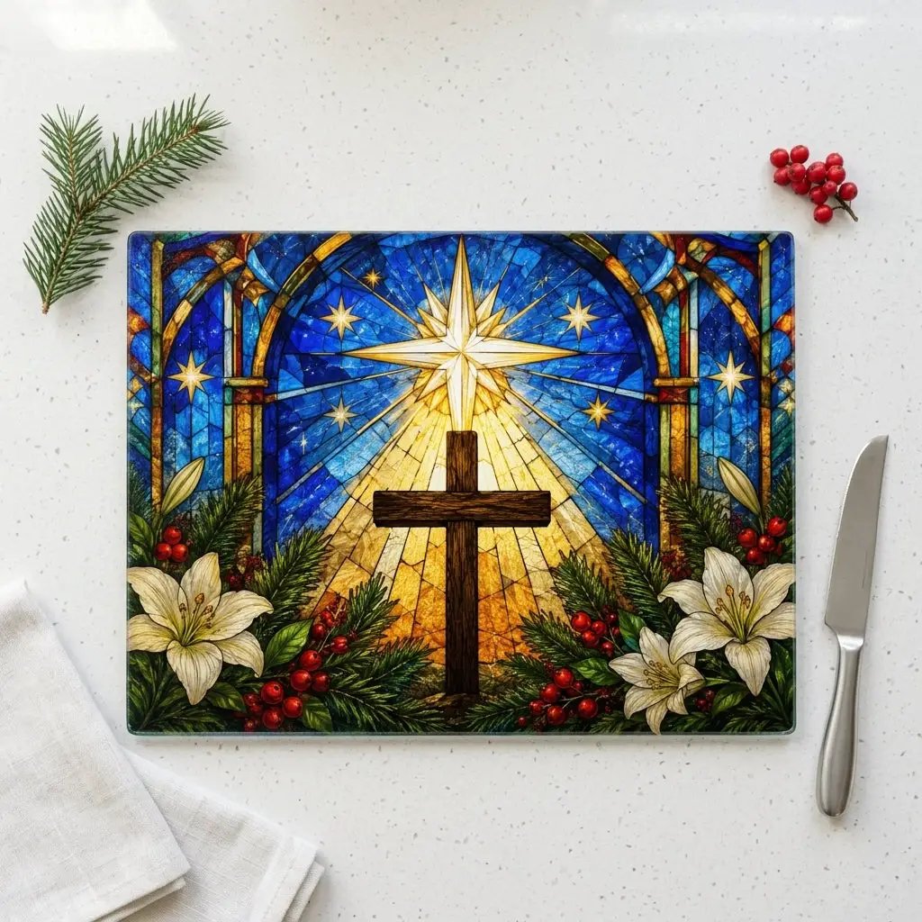Christian Cross Glass Cutting Board, Stained Glass Christmas Decor, Religious Kitchen Gift, Star of Bethlehem Christian Gift