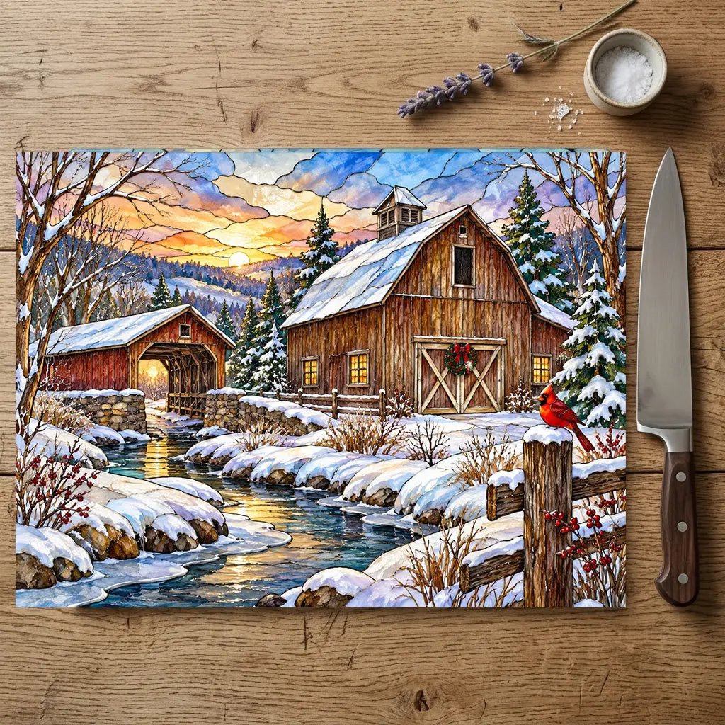 Cardinal Creek Winter Barn Glass Cutting Board, Red Cardinal Farmhouse Kitchen Decor, Country Christmas Gift