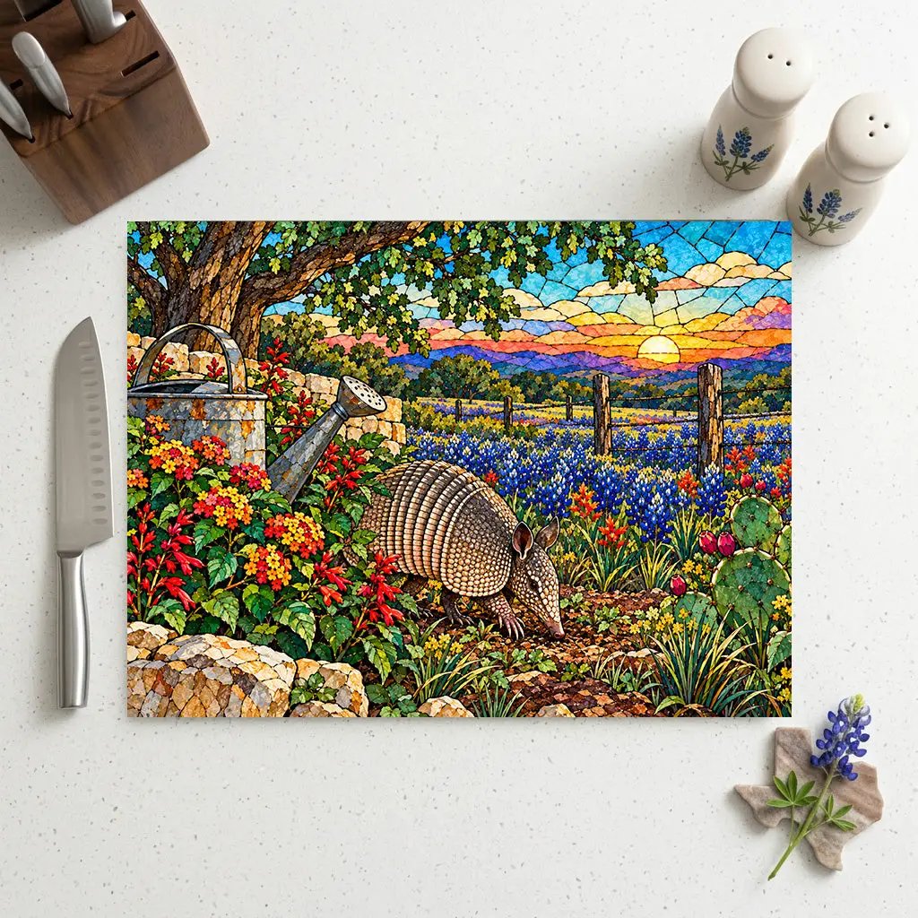 Texas Armadillo Glass Cutting Board, Bluebonnet Kitchen Decor, Stained Glass Style Texas Wildlife Gift, Country Garden Housewarming Gift